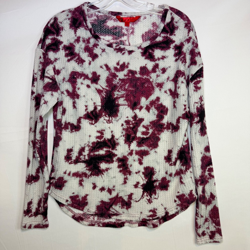 Hot Kiss Womens Large Waffle Knit Tie Dye Thermal Top Burgundy Black White